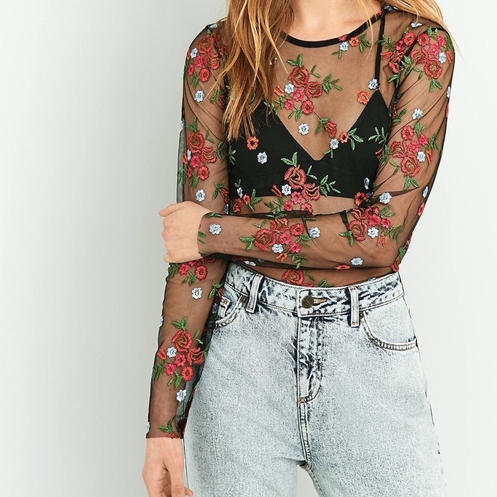 Urban Outfitters Black Sheer Mesh Top with Red & Green Floral Embroidery